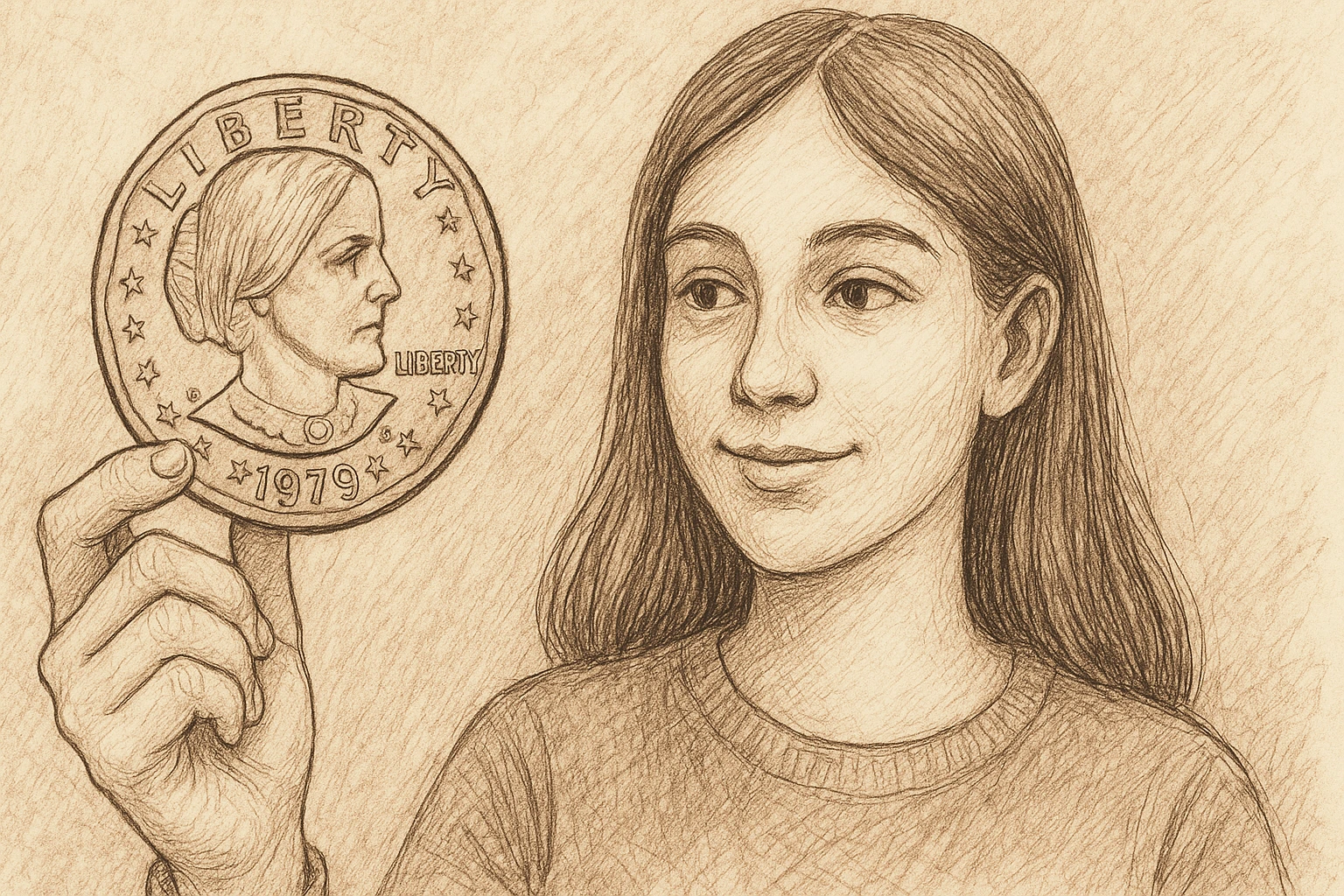 A girl with a Susan B. Anthony dollar in her hand.