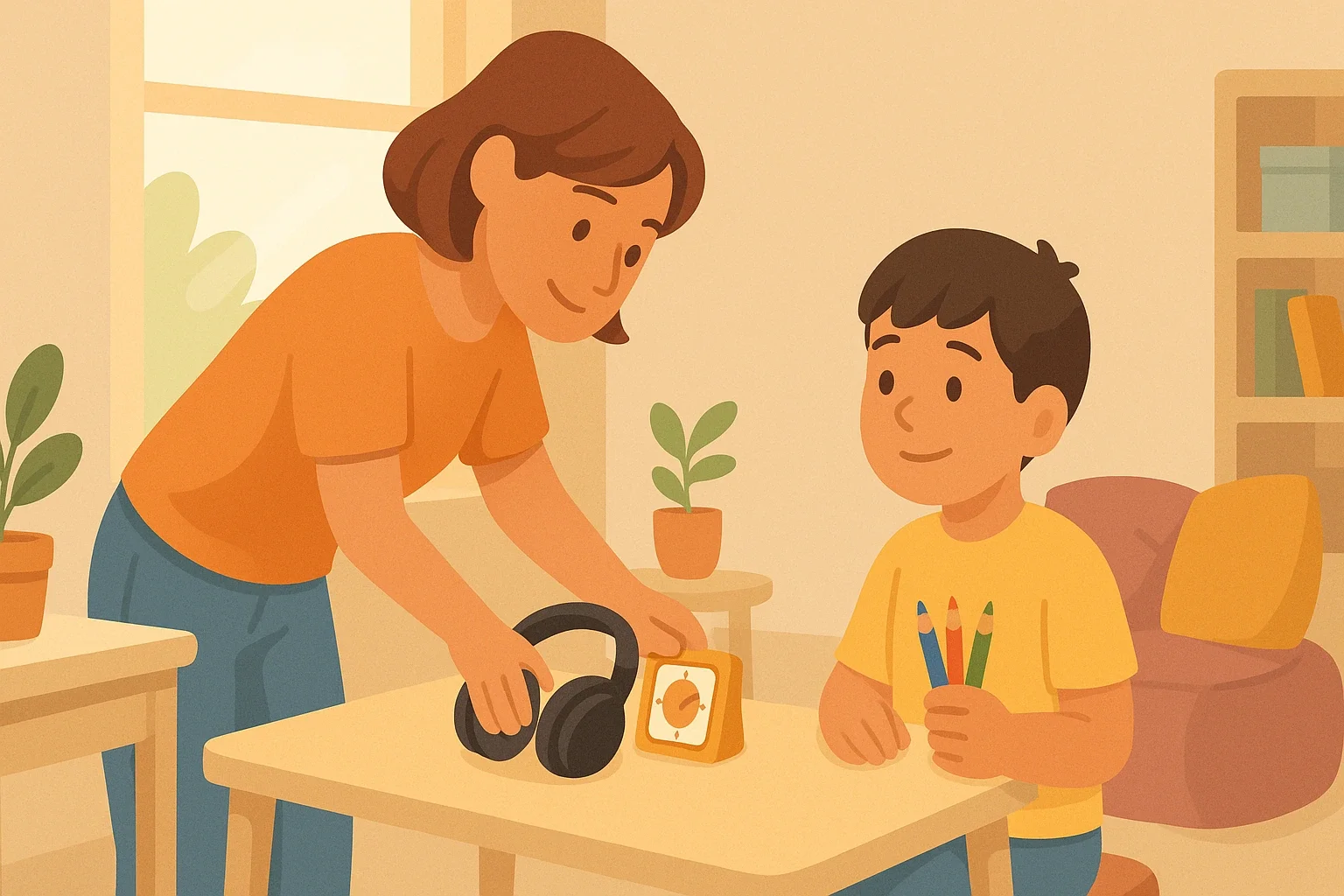 A parent is setting a sensory and audially-friendly studying space for a child.