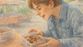 A teenager looks curiously at the tray of pennies at the flea market.