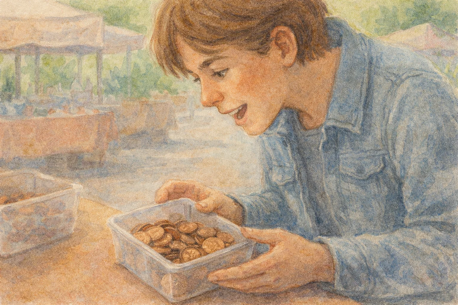 A teenager looks curiously at the tray of pennies at the flea market.