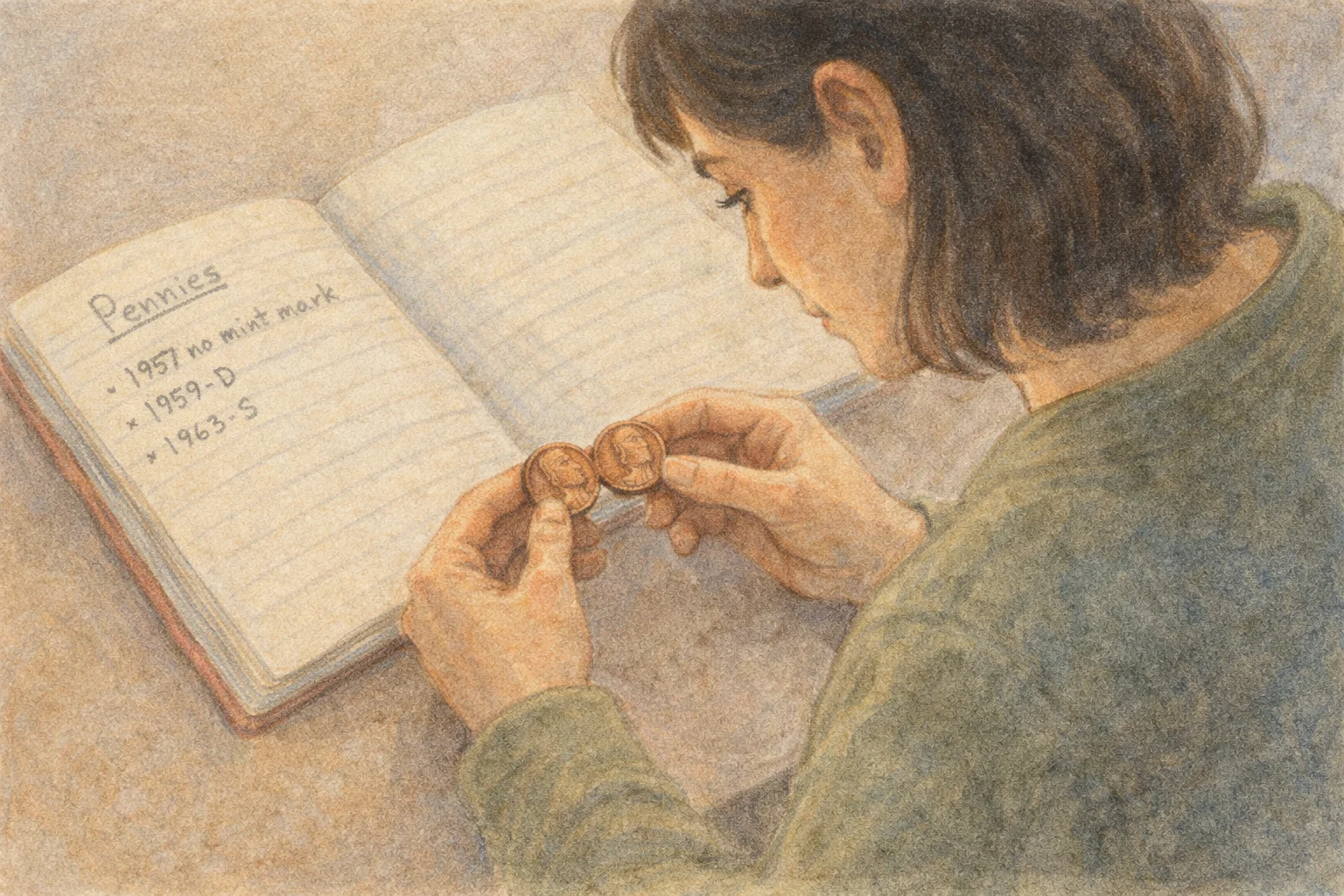 A woman makes notes about pennies, visually compares two issues.
