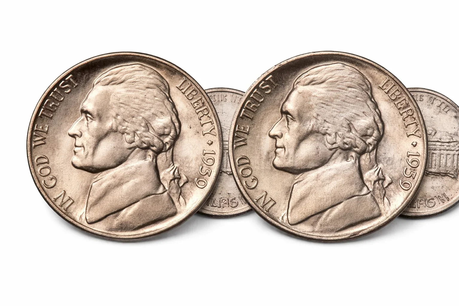 1939-D and 1950-D Jefferson nickels side by side showing key dates of the series.