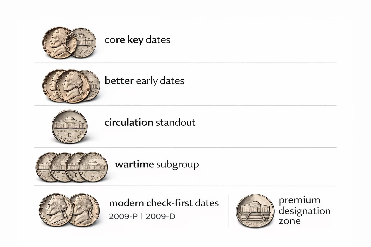 Infographic grouping Jefferson nickels by category: key dates, early dates, wartime coins, modern issues, and premium designations.
